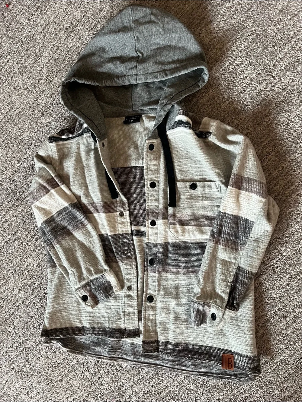 Little Bipsy Striped Hooded Button-Up Shacket in Gray and Brown